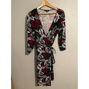 Express Wrap Dress Womens Medium Black Red Floral Tie Surplice Whimsigoth Y2K
